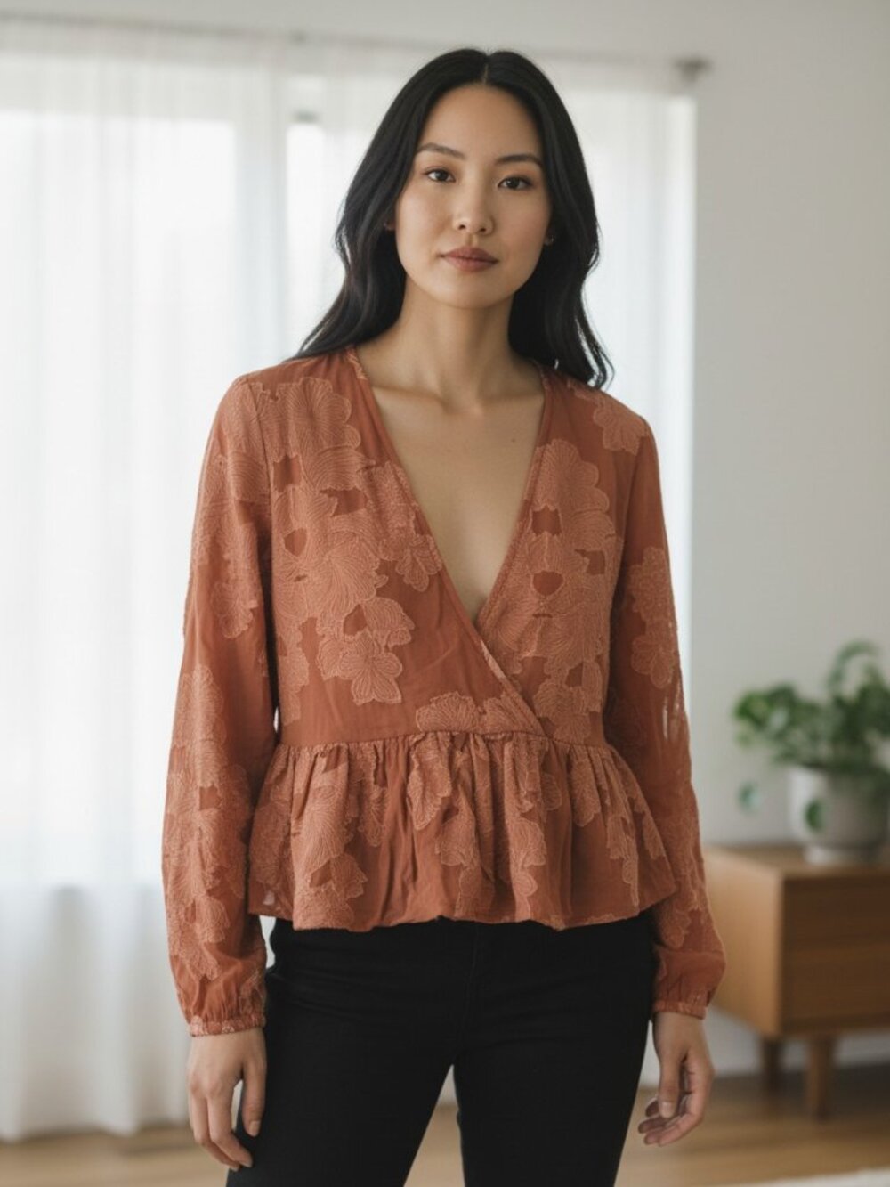 Wilfred Aritzia Burnout Floral Blouse - Burnt Orange - Peplum - Size XS